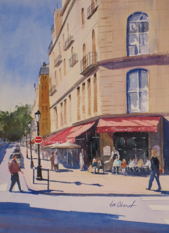 landscape, paris, cafe, esmeralda, europe, original watercolor painting, oberst